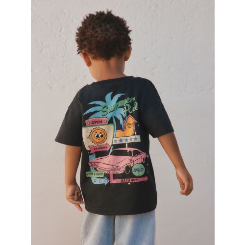 Black Retro Motel Oversized Short Sleeve Back Print T-Shirt (3mths-7yrs)