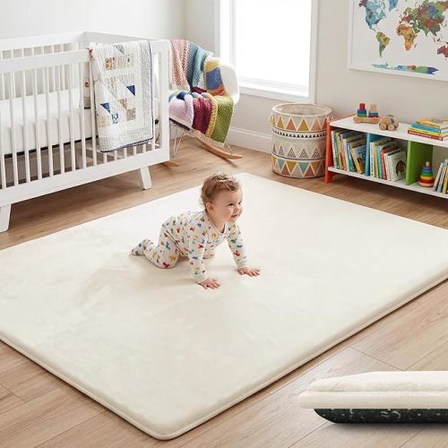 1.5" Thick Baby Play Mat for Floor, 59x79 Playpen Mat, Pro Soft Flannel Foam Mats Toddler Infant Kids Crawling for Nursery Rug Playroom Living Room Waterproof Easy Care Non-Slip (Beige)