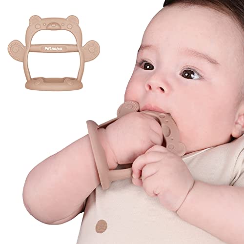 PETINUBE Baby Wrist Silicone Teether Soothing Pacifier for Infants 3+ Months Babies Pack of 1 Made in Korea Anti-Dropping (Bear-Cozy Beige)