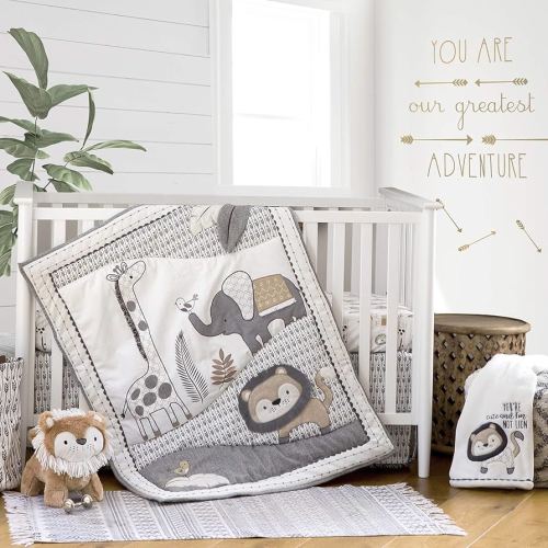Levtex Baby - Tanzania Crib Set - Baby Nursery Set - Charcoal Cream Tan - Jungle - Giraffe Lion Elephant - 5 Piece Set Includes Quilt, Fitted Sheet, Diaper Stacker, Wall Decal & Bed Skirt/Dust Ruffle