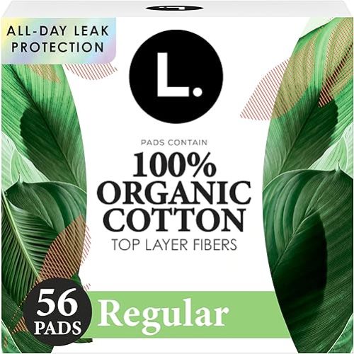 L. Ultra Thin Pads for Women, Regular Absorbency, Organic Cotton Top Layer, Unscented Pads with Wings, 56 Count