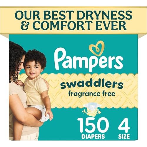 Pampers Swaddlers Diapers, Size 4 (15-34 lbs), 150 Count, Fragrance Free, Hypoallergenic, Absorbent, Pediatrician Recommended, Skin Safe