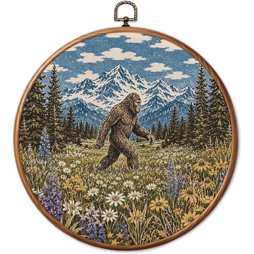 Chicimln Vintage Wildflower Bigfoot Round Wall Art Framed Canvas Prints, Rustic Sasquatch Mountain Landscape Wall Hanging Decor for Cabin Lodge Home Bedroom 10x10 Inch