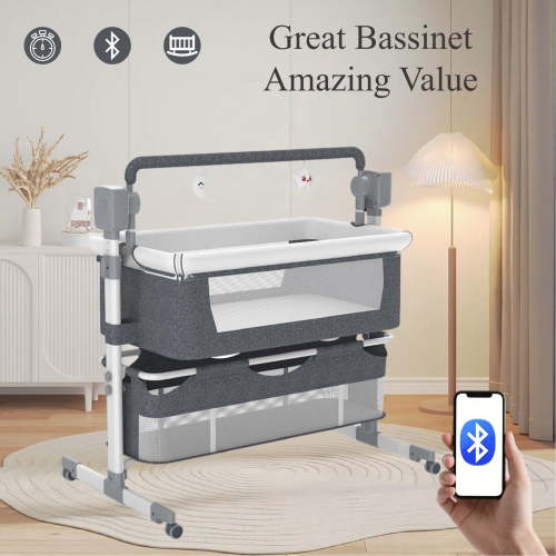 Portable Baby Bassinet Bedside Sleeper with Wheels,Canopy,Storage,Height Adjustable for Newborns/Babies/Infants(Bluetooth Enabled),Unisex,Gray