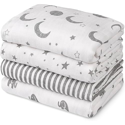 GLLQUEN BABY Muslin Swaddle Blankets 4-Pack Breathable Receiving Blankets (35" x 40") Soft Baby Blankets for Girls and Boys Newborn Essentials Muslin Burp Cloths Swaddle Wrap Baby Gift (Elephant)