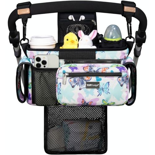 TOPDesign Universal Baby Stroller Organizer, Stroller Caddy with Detachable Mesh Bag & Heightened Insulated Cup Holders & Non-Slip Secure Hooks Accessories, Fits Most Strollers (Butterfly)