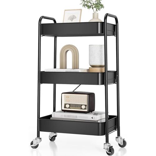 TOOLF 3-Tier Metal Rolling Cart with Wheels, Storage Utility Organizer Cart for Kitchen, Bathroom, Office, Baby Essentials & Makeup - Lockable Casters, Easy Assembly, Large Capacity, Black