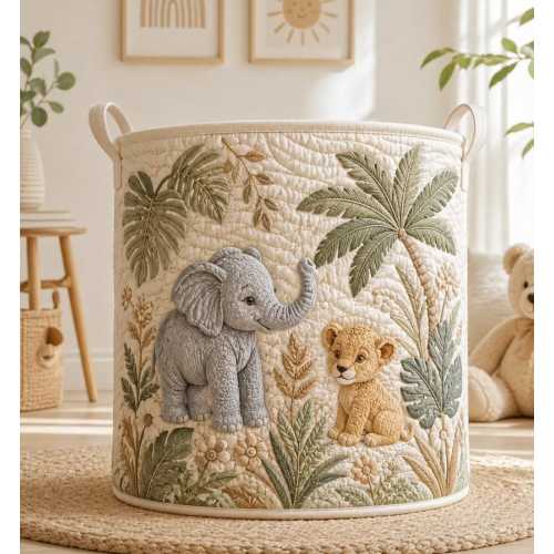 Safari Quilted Laundry Basket, Elephant And Lion Cub Clothes Hamper, Jungle Nursery Storage Bin, Baby Room Decor, Wildlife Gift