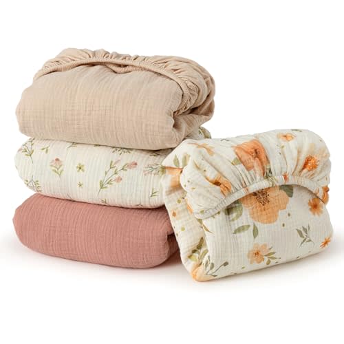 Muslin Crib Sheets, 52"x28" Fitted Crib Sheet for Baby Girl and Boy, 4 Pack Soft Cotton Cover for Standard Crib Baby Bed and Toddler Mattress (Floral, Pink and Brown)