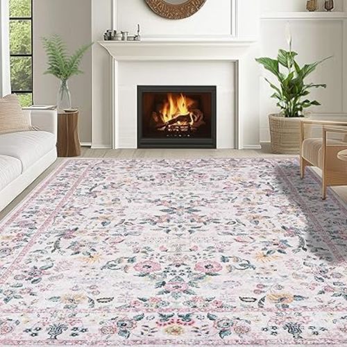Dintszyayue 8x10 Rugs for Living Room Washable Soft Cute Pink Floral Non Slip Bedroom Girls Classroom Floor Cove