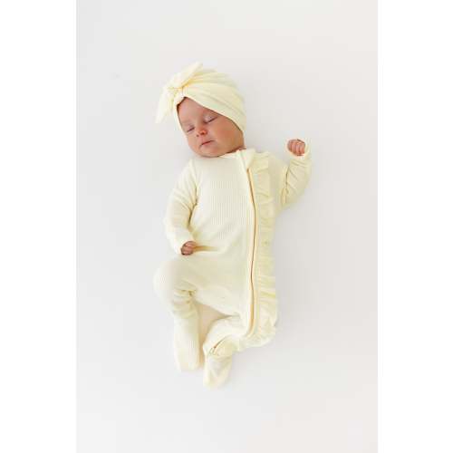 Ribbed Ruffle Zipper Footie in Chamomile