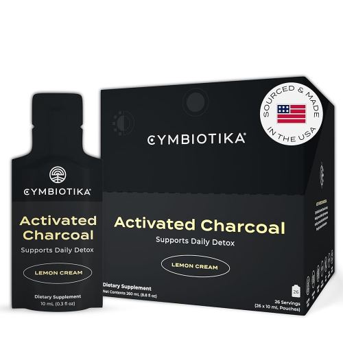 CYMBIOTIKA Activated Charcoal Liquid Supplement Packets from Coconuts for Bloating, Gut Health & Digestive Support, Helps Detox, Vitamin E, Lemon Cream Flavor, Vegan, 26 Pack