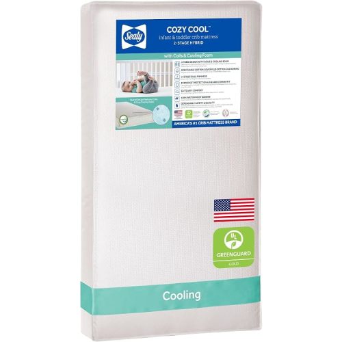SEALY BABY Cozy Cool Hybrid Breathable Crib Mattress, GREENGUARD Gold Certified, Made in USA, Cooling Foam, 2 Stage, Toddler Bed Fit, 204 Coils & Cotton Cover, Safety & Quality Tested, 52x28