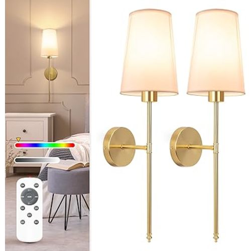 NIORSUN Gold Battery Operated Wall Sconce Set of 2,Rechargeable Wall Lights with 10400mAh Dimmable Detachable Bulbs and Remote,9 Colors Wireless Sconces for Bedroom Living Room Hallway