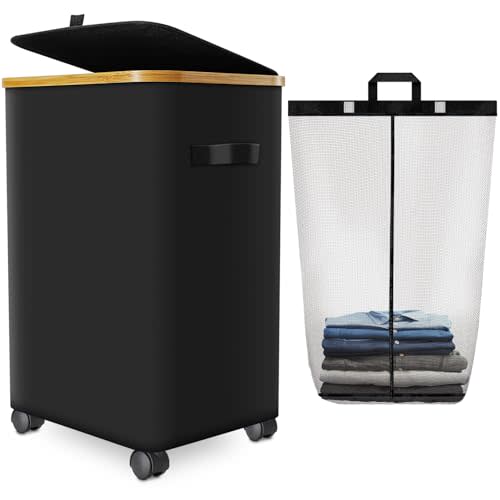 Laundry Hamper with Wheels,20 Gal (75L) Laundry Basket with lid Rolling Clothes Hamper Foldable Dirty Clothes Basket on wheels with Bamboo Frame and Bag for Bedroom, Dorm, Laundry Room-Black
