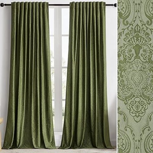 GIGIZAZA Green Velvet Curtains 72 Inch Long for Living Room,2 Panels Luxury Vintage Drapes Floral Embossed Blackout Window Curtain Back Tab Thermal for Bedroom