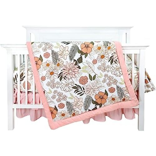 4-Piece Crib Bedding Set for Girls, Pink Baby Girl Bedding Set with Crib Skirt, Baby Quilt, Crib Sheet and Diaper Stacker, Daisy Flower