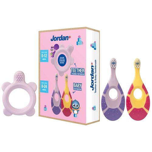 Jordan ® | Step 0 Teether & Training Toothbrush | BPA-Free, Hygienic, 2-in-1 Teething & Early Brushing Solution for Babies | Pink | 1 Teether + 2 Step 1 Baby Toothbrush