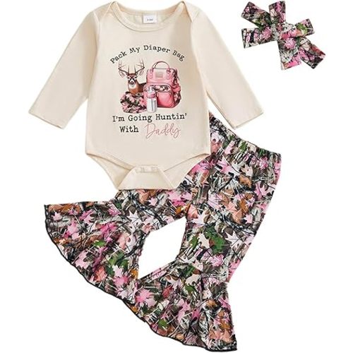 TheFound Infant Baby Girl Clothes Newborn Ruffle Long Sleeve Ribbed Romper Print Bell Bottom Toddler Baby Fall Winter Outfit