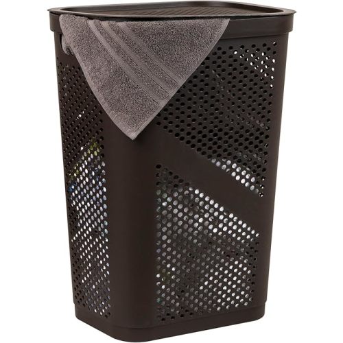Mind Reader Slim Laundry Hamper with Lid, 60L Clothes Basket, Ventilated Plastic, 17.25"L x 13.75"W x 23.5"H, Brown