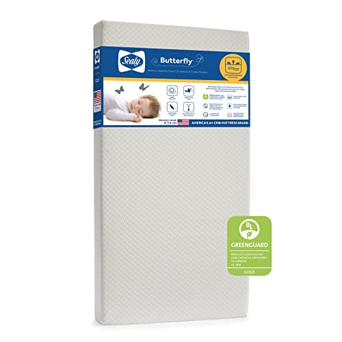 Sealy Baby Butterfly Knit Breathable Crib Mattress, GREENGUARD GOLD Certified, Made in USA, Premium Foam, Washable Easy to Clean Cover, Toddler Bed Fit, Safety & Quality Tested, 52x28"