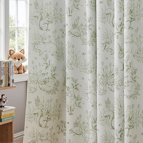 jinchan Woodland Blackout Curtains for Kids Bedroom Nursery Whimsical Cottagecore Bunny Botanical Room Darkening Drapes Green on Beige Farmhouse Nature-Inspired Decor 72 Inch Back Tab 2 Panels