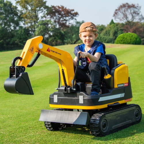 JOYLDIAS 12V Kids Ride On Excavator/Bulldozer, 360 Rotation, Remote, MP3, Toolbox (Yellow)