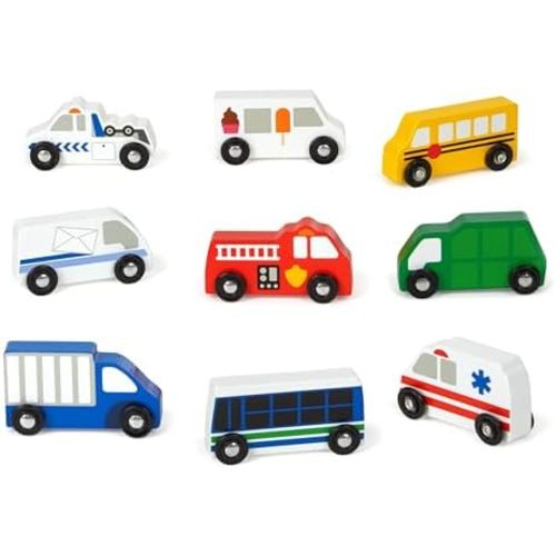 Melissa & Doug Wooden Town Vehicles Set in Wooden Tray (9 pcs)