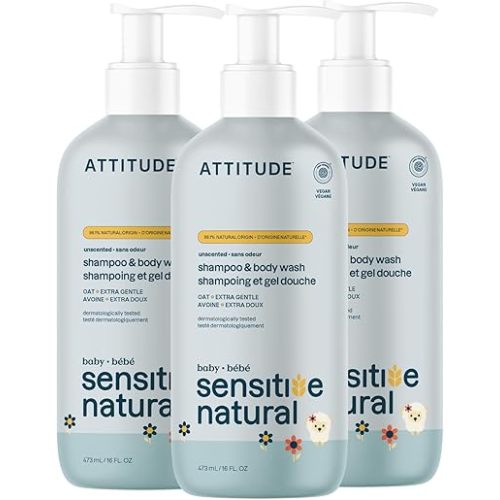 ATTITUDE 2-in-1 Shampoo and Body Wash for Baby, EWG Verified, Plant- and Mineral-Based Ingredients, Vegan Products for Sensitive Skin, Unscented, 16 Fl Oz (Pack of 3)