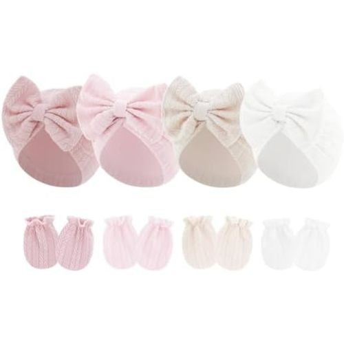 4 Pcs Newborn Hats Mittens Set Infant Cap Bow Hospital Beanie Preemie Hat for Baby Boy Girl 0-6