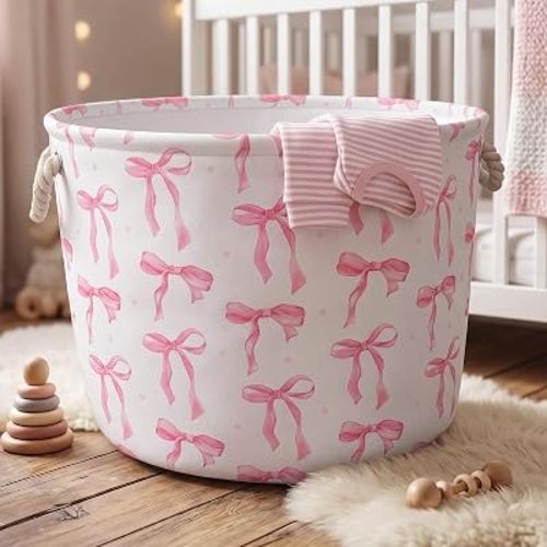 Pink Bow Nursery Bins Boxes for Toys Clothes Laundry Hamper Basket with Handles Nursery Hamper Toy Box Clothe Organizer Large Capacity (Pink)