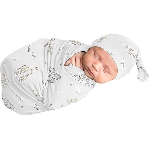 Sweet Jojo Designs Jungle Safari Animals Boy Girl Gender Neutral Unisex Baby Cocoon Swaddle and Beanie Newborn Jersey Set Infant Wearable Blanket Going Home Outfit Set Elephant Giraffe Zebra Serengeti