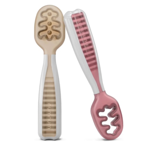 NumNum Baby Spoons Set, Baby Essentials Pre-Spoon GOOtensils for 6+ Months, First Stage Self-Feeding Spoons for Baby Led Weaning (BLW), Silicone Toddler Utensils, BPA-Free, 2 Pack Beige/Mauve