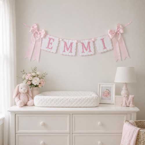 Personalized Name Banner, Custom Embroidered Nursery Garland, Pink Bow Baby Name Sign, Baby Shower Gift, Nursery Decor, Newborn Keepsake