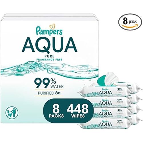 Pampers Aqua Pure Baby Wipes, 99% Water, Fragrance Free, 448 Baby Wipes Total (8X Flip-Top Packs) [Packaging May Vary]