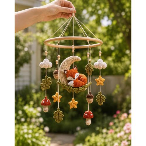 Crochet Woodland Fox Baby Mobile, Sleeping Fox Moon Crib Mobile, Mushroom Acorn Forest Nursery Decor, Cottagecore Newborn Baby Shower Gift