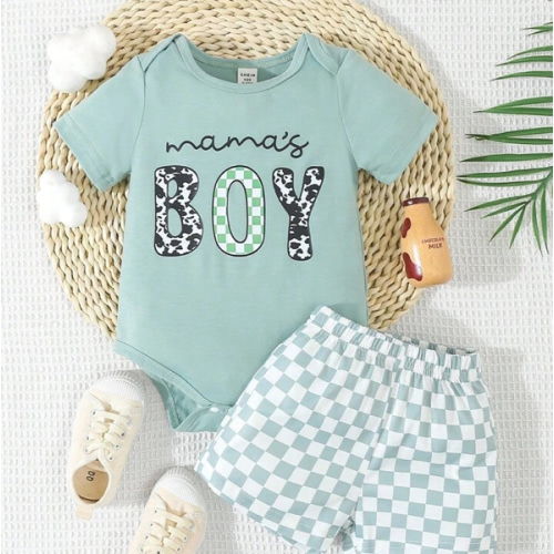 SHEIN Playful Pals Baby Boys' Fresh And Cute Green Plaid Printed Bodysuit Set For Spring And Summer | SHEIN USA