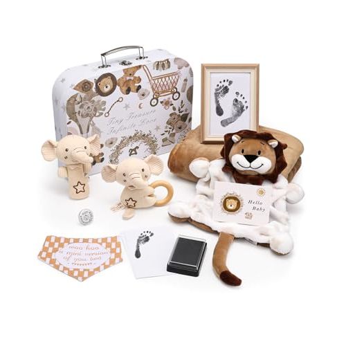 Lictin Baby Gift Set for Boys Girls, Baby Shower Gifts, Neutral Newborn Gifts Basket with Baby Blanket, Wooden Monthly Milestone Cards, Elephant Security Blanket, Rattle Socks and Wrist (Brown)
