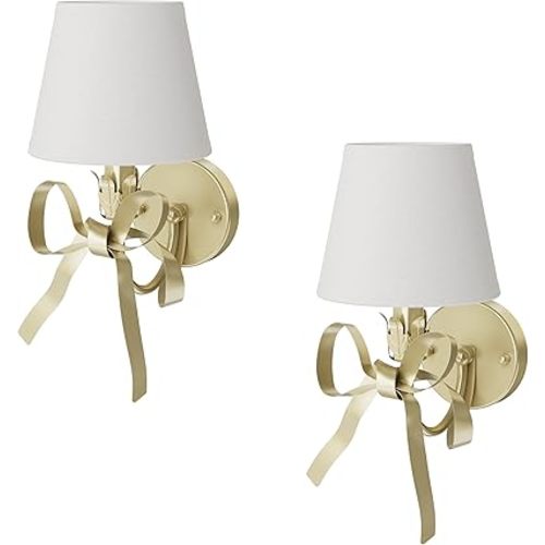 Gold Brass Sconces Wall Decor Set of 2, Bow Wall Scones Set of Two with Fabric Shades, Modern Bedside Wall Lights Fixtures for Bedroom, Girls Room, Hardwired