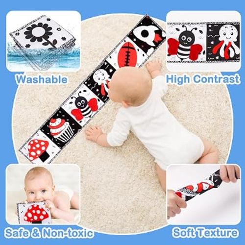 Black and White High Contrast Toys for Baby 0-3 3-6 months Infant Tummy Time Soft Book Sensory Musical Toy 0-2-4-6 month Babies Brain Development Crinkle Book Mirror Newborn Shower Gifts Boys Girls