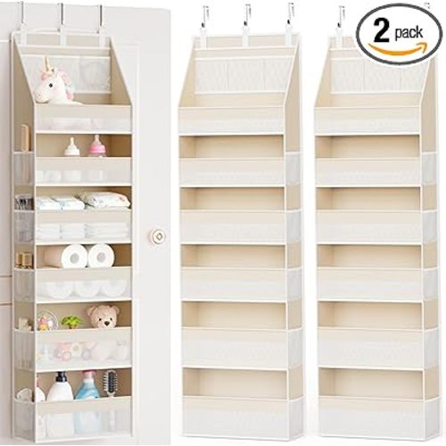 Criusia 2 Pack Over the Door Organizer, 6-Shelf Closet Hanging Storage with 13 Mesh Pockets, 55lbs Capacity Behind the Door Storage for Baby Nursery, Bathroom, Bedroom, and Dorm, Beige