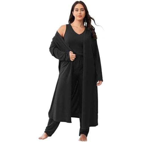 plus size 3 Piece Casual Cardigan Vest Pants Set, Women's Pajama Loungewear Set Casual Homewear Set