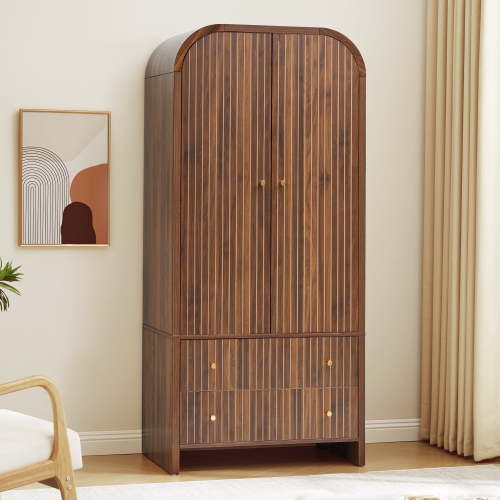 Wirrytor Arched Armoire Wardrobe Closet with Fluted Doors, Wooden Wardrobe Closet with Drawers, Shelves and Hanging Rod for Bedroom, Brown Closet Storage Cabinet,Walnut