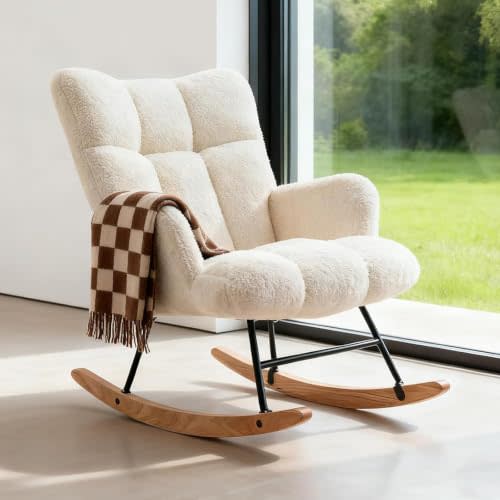 Rocking Chair, Upholstered Accent Rocker with High Backrest, Thick Cushion and Soft Teddy Fabric, Comfortable Reading Chair for Living Room, Bedroom, Nursery or Study, Ivory White