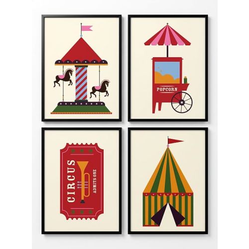 Apartment 128 Circus Nursery Art Prints, Set of 4 Unframed 5x7 Wall Art — Carousel, Big Top & Carnival Theme, Vintage Kids Room, Playroom & Bedroom Decor, Boys Girls, Printed in USA
