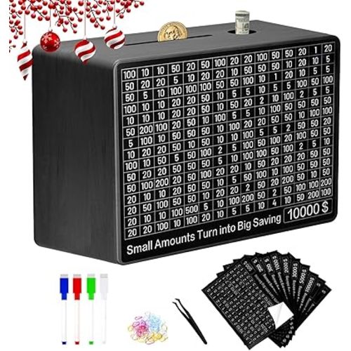 Large Wooden Money Saving Box – Black, 9.1"x6.7"x3.2" Reusable Cash Savings Challenge Box for $200–$10,000 Goals, Modern Wooden Bank for Adults & Kids – Stylish Gift for Christmas or Birthday