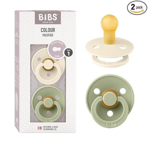 BIBS Pacifiers Colour Collection | Natural Rubber Baby Pacifier | Round Nipple | Set of 2 BPA-Free Soothers | Made in Denmark | 0+ Months (Pack of 2) | Sage/Ivory