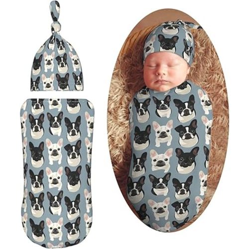 French Bulldog Dogs Newborn Swaddle Blankets Hat Sets Soft Baby Receiving Blanket Swaddle Sack for Baby Shower Infant Boy Girl Gift