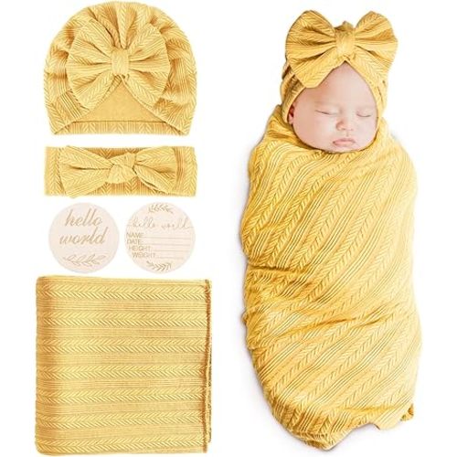BQUBO Baby Swaddle Blankets for Girls, 4PCS Newborn Accessories Set with Hat and Bow Headband with Hello World Wooden Birth Announcement Card, Baby Blankets for Girls