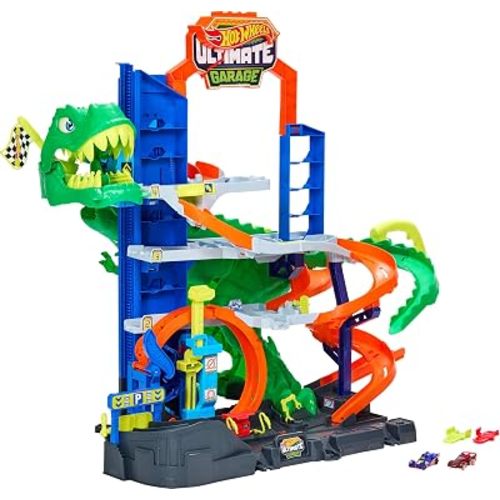 ​Hot Wheels City Ultimate T-Rex Garage & 2 Die-Cast Toy Cars